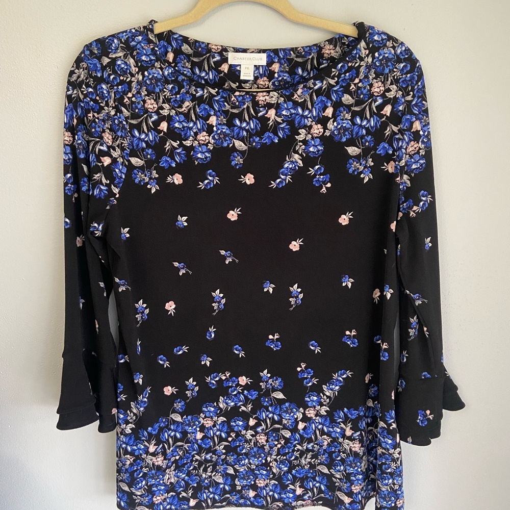 Charter Club Blue and White Flutter Sleeve Ruffled Blouse